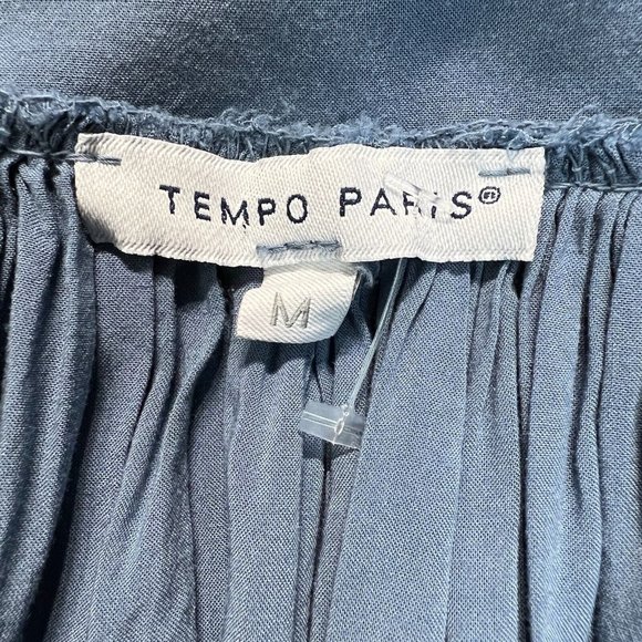 Tempo Paris Blouse Top M Blue Crochet Lace Pleat Boho Peasant Lightweight Womens - Picture 8 of 10